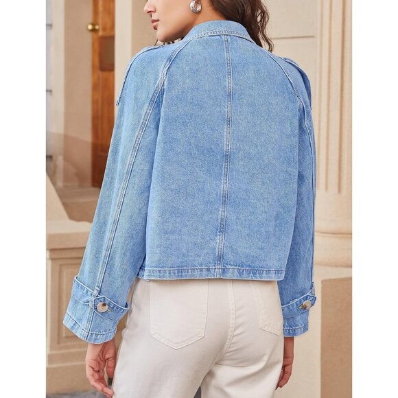 Women’s Light Blue Cropped Denim Trench Jacket Double Breasted Lightweight - Picture 2 of 6